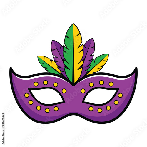 Vibrant purple mardi gras mask with colorful feathers and dots