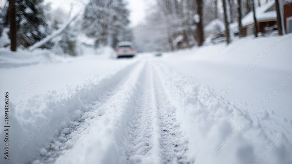 Fototapeta premium Close up front view of snow covered road with tire tracks and fresh snow patterns, clean winter background with copy space, sharp focus, detailed texture and minimal composition