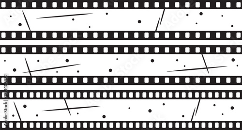 Seamless grunge film strip pattern background. Vector vintage cinema tape texture with scratches and dust illustration.
