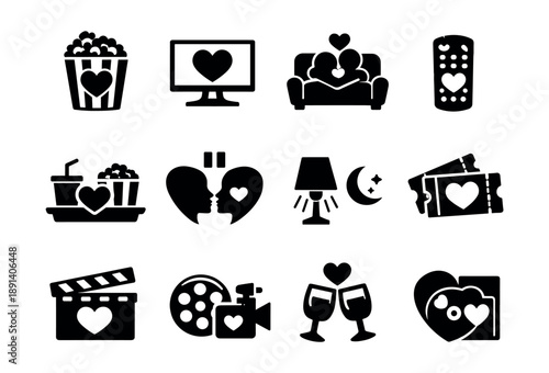 Romantic Cinema Black and White Icons Set
