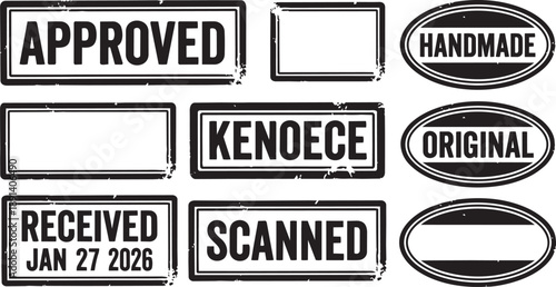 Set of grunge black office rubber stamps. Vector vintage ink seal frames including Approved, Handmade, Original, Scanned, and blank templates.