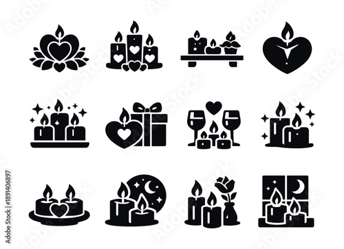 Romance and Candle Silhouette Icons Set