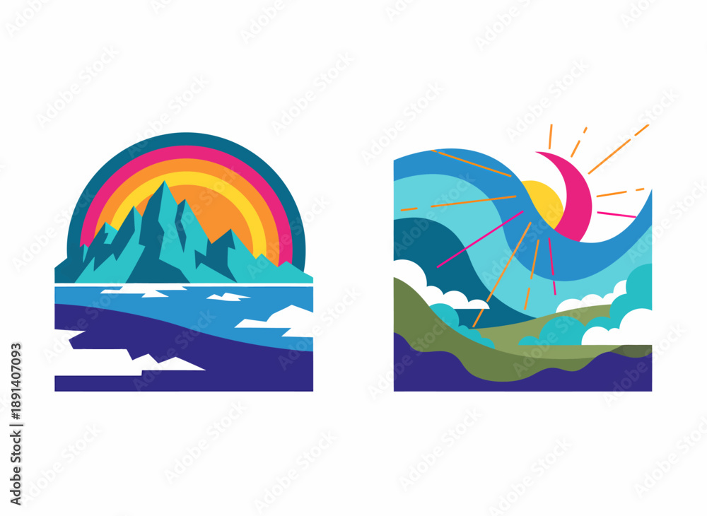 Fototapeta premium Vibrant Vector Landscapes Majestic Mountains with Rainbow and Dynamic Ocean Waves