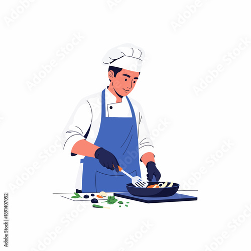 Male chef in uniform cooking with a spatula and pan, preparing a meal with fresh vegetables on a white background.