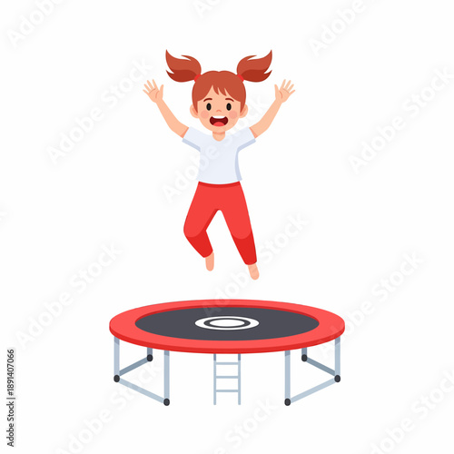 A happy little girl with pigtails joyfully jumps high on a red trampoline, expressing excitement and fun.