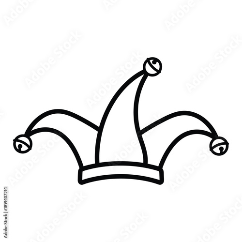 Outline drawing of a jester hat with three points and bells, simple black and white illustration of a fools cap