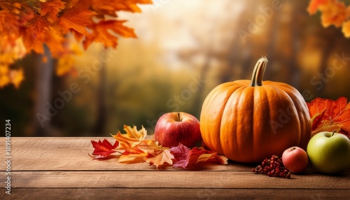 Autumn Pumpkin Display With Apples And Fall Leaves On Wooden Table