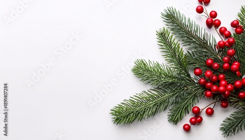 Background For Christmas And New Year Cards With A Branch Of Spruce And Red Berries Isolated Copy Space