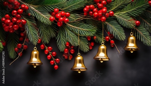 A Close Up Of A Pine Branch Red Berries And Gold Bells