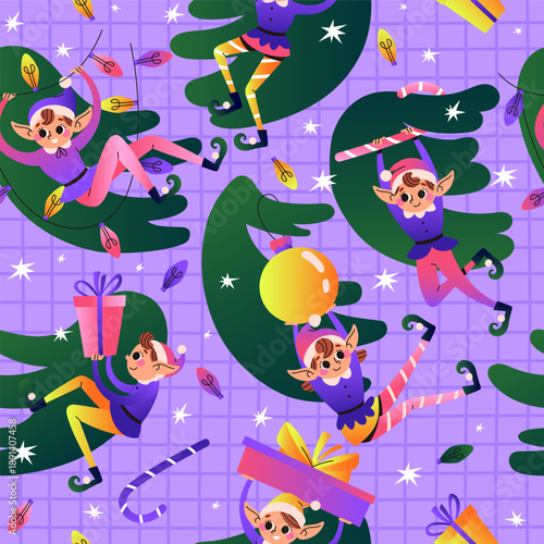 Elves decorate the Christmas tree, prepare gifts, garland and candy cane. Seamless pattern. Santa Claus helpers. Festive elves on purple background. Vector illustration.