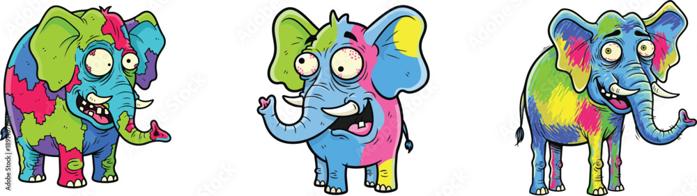 Fototapeta premium Three cartoon elephants with colorful, abstract patterns, expressing a playful and whimsical mood