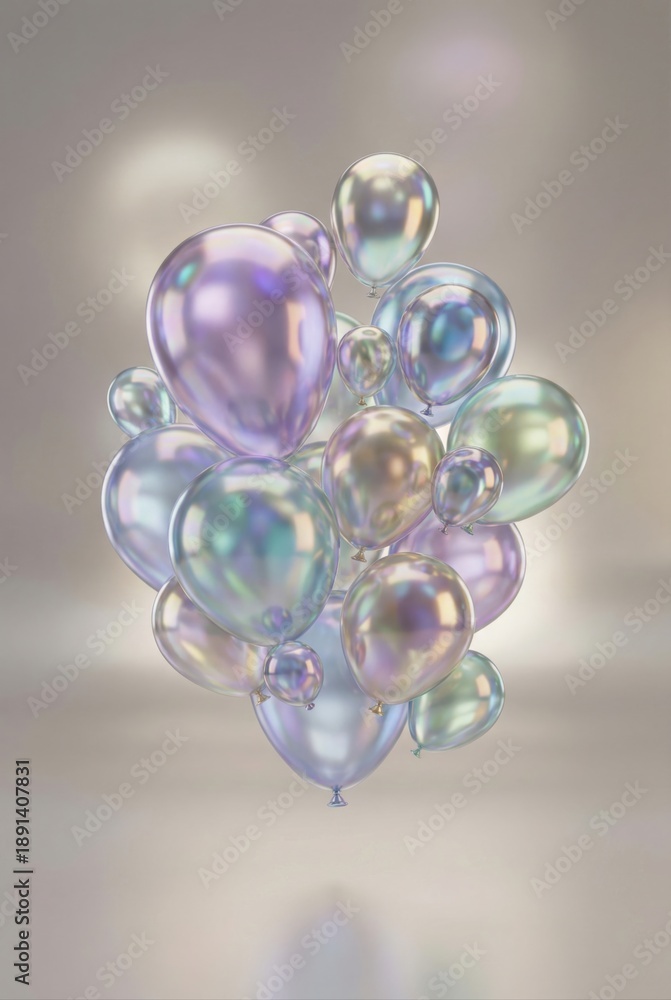 Fototapeta premium Ethereal iridescent balloons suspended in mid air capturing the essence of celebration and joy through their shimmering textures and soft pastel hues embodying buoyancy and festivity