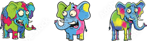 Three cartoon elephants with colorful, abstract patterns, expressing a playful and whimsical mood