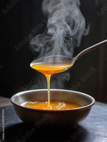 Pouring steaming hot soup into metal bowl