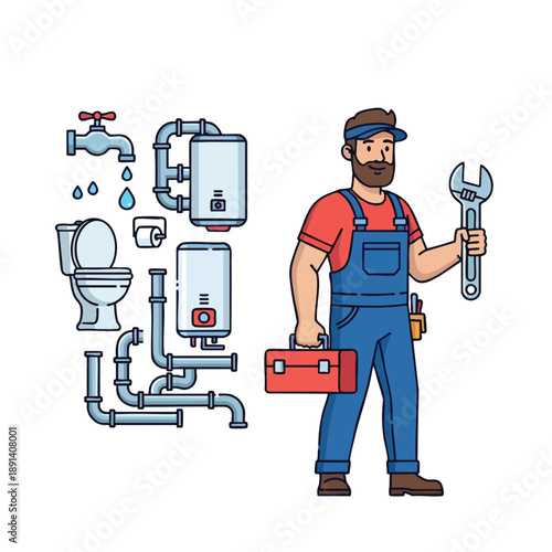 Plumber with Toolbox and Plumbing System Components