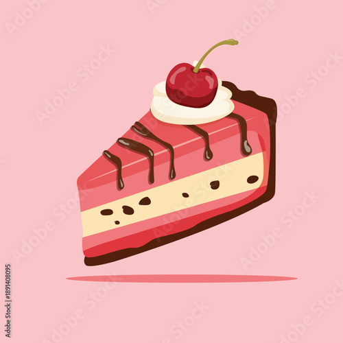 Strawberry Cheesecake Slice with Chocolate Drizzle and Cherry