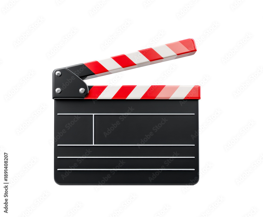 Obraz premium Classic black film clapperboard with a red and white striped clapper stick is open, symbolizing the beginning of a take in movie making and video production