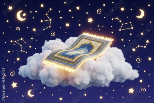 During a Muslim holiday, a colorful prayer rug floats on a cloud in a night sky filled with stars and crescent moons. The scene captures a sense of wonder and spirituality