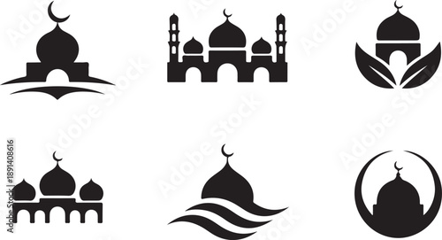 Diverse set of six black silhouette icons illustrating various mosque designs and Islamic elements