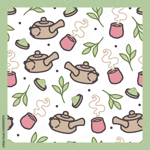 Tea Ceremony Inspired Pattern with Japanese Teapots. Seamless Japanese green tea pattern.Perfect for packaging, fabric, and stationery.