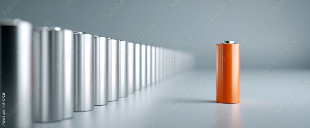 Obraz premium Single orange battery standing out in front of a row of silver batteries on a reflective surface with a blurred background