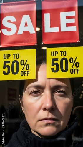 Woman holding up sale sign in front of store window with the.
