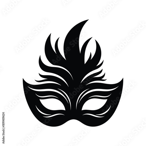 Black silhouette masquerade mask with feathers and ornate design for carnival or venetian party
