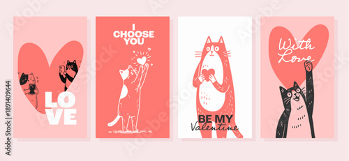 Valentines day love cats hand drawn illustration set for greeting cards posters and romantic designs