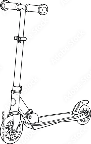 Kick scooter illustration outline, urban personal transport device, children outdoor mobility, modern push scooter design, simple line art, recreation