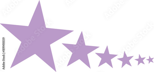 Multiple five pointed purple stars progressively decrease in size arranged diagonally on a crisp white surface