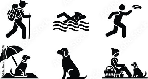 Black-and-White Icons of Dogs and People in Outdoor Activities: Hiking, Swimming, Frisbee Play, Beach Lounging, Sitting, and Picnicking Together