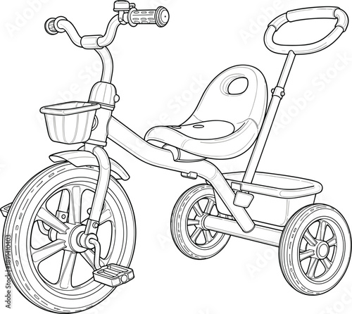 Kids tricycle line art illustration, children three wheel bicycle with push handle, safe toddler ride toy, black white outline drawing