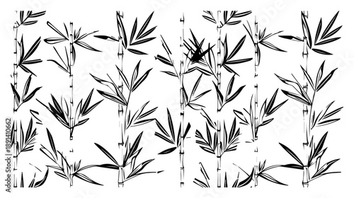 Bamboo forest pattern vector illustration, hand drawn oriental nature background with stalks and leaves for zen or spa design