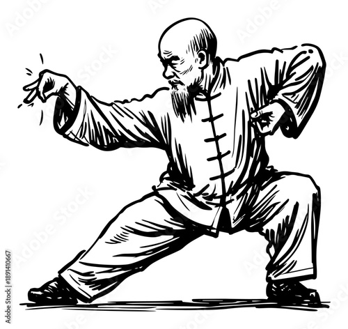 Martial arts master performing tai chi kung fu pose, hand drawn vector illustration of elderly man practicing meditation and health