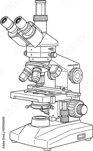 Laboratory microscope line art illustration, scientific optical instrument for biology, medical research, education and laboratory analysis, black and white drawing