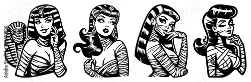 Sexy mummy girl set, hand drawn vector line art illustration of Egyptian zombie women for Halloween or pin up design
