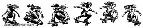 Skateboarder girl set in action, hand drawn vector illustration of female skaters performing tricks for sports or urban lifestyle design