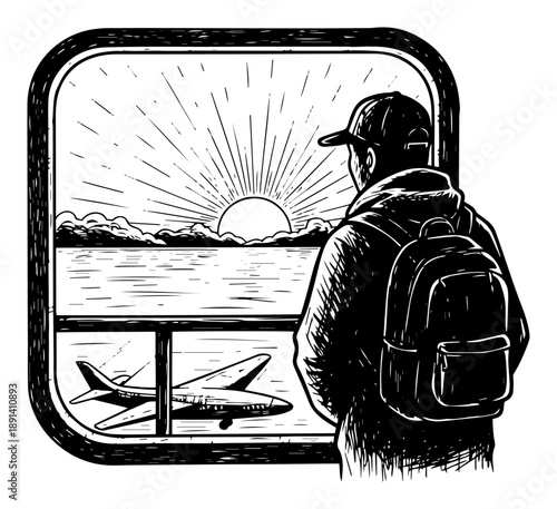 Traveler looking through airplane window at sunset vector illustration, hand drawn sketch of backpacker passenger watching sunrise over clouds for travel concept