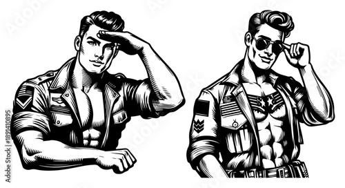 Patriotic muscular soldiers set, handsome men in military uniform with American flag tattoos and sunglasses vector illustration