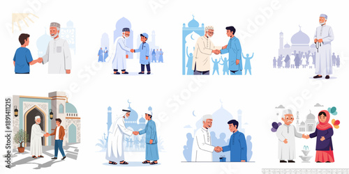 Muslim Community Greetings and Respect for Elders Vector Set: Illustrations of Handshakes and Festive Interactions.