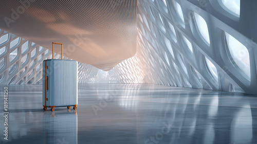A suitcase is sitting on the floor in a large room