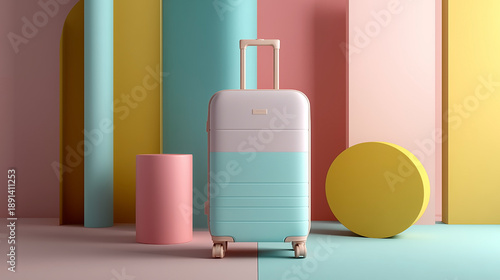 Wallpaper Mural A blue and pink suitcase is on a yellow and pink background Torontodigital.ca