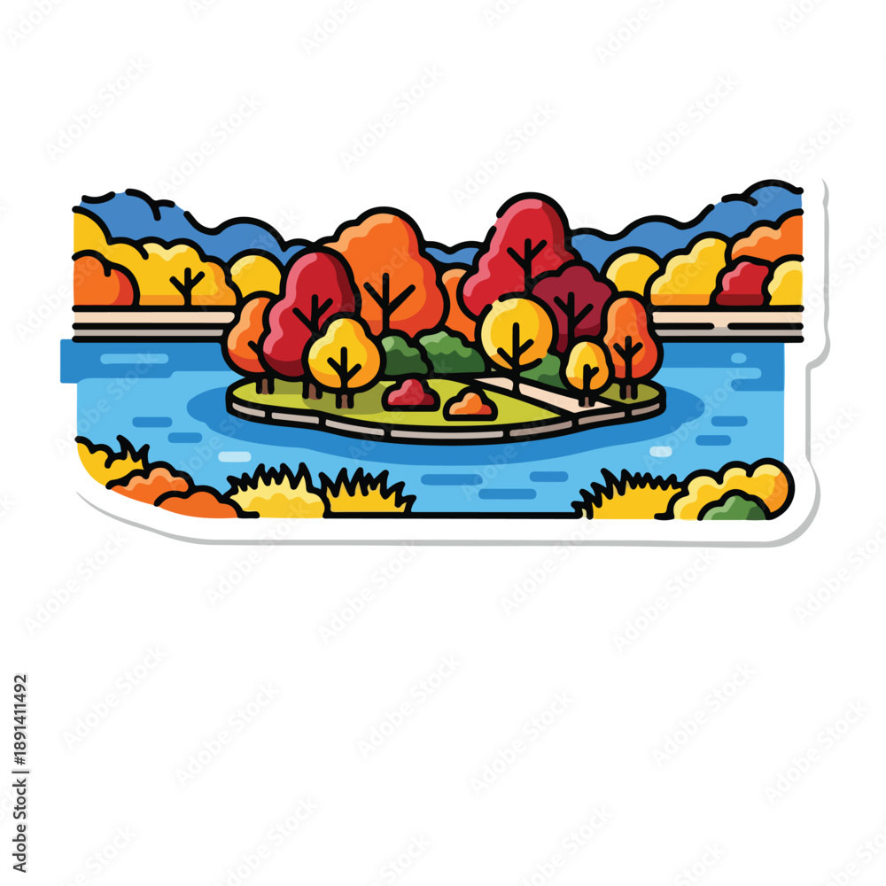 Obraz premium Colorful Cartoon Island Scene with Trees and Lake.