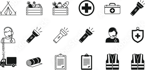 Emergency Preparedness and Survival Icons Featuring Medical Aid, Food Supplies, Shelter, Safety Gear, Logistics, and Communication Tools for Crisis Response