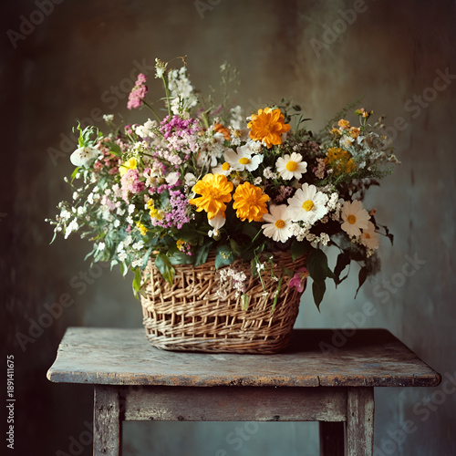 Wallpaper Mural Rustic Flower Arrangement in Wicker Basket on Wooden Table Torontodigital.ca