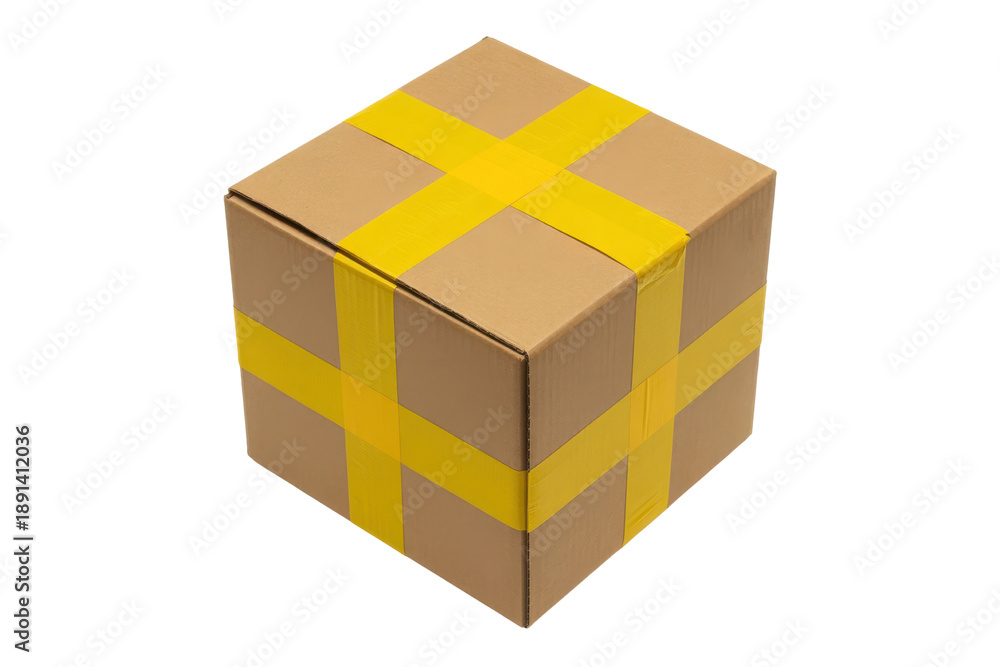Obraz premium Brown cardboard box with yellow tape, isolated on transparent background