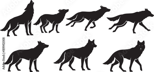 Set of 7 wolf silhouettes vector isolated PNG with Transparent Background