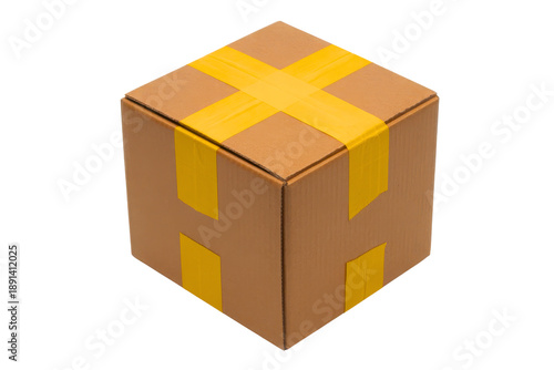 Brown cardboard box with yellow tape isolated on transparent background