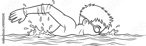 Swimmer freestyle stroke line art illustration, athlete swimming in water, black white outline drawing for sports fitness concept