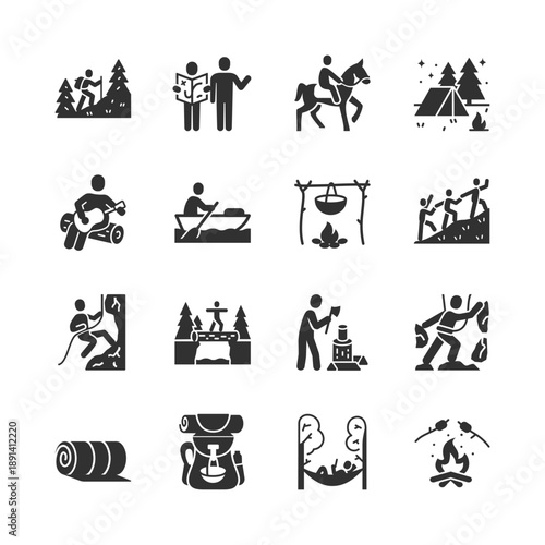 Camping and outdoor activities, monochrome icons set. Hiking, trekking, tent camping, nature travel, adventure leisure, survival skills, wilderness lifestyle. Black and white symbols style